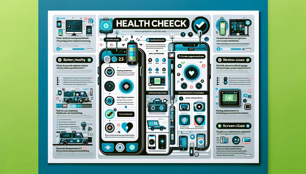 iPhoneの健康診断を行う方法を視覚的に説明するインフォグラフィック。バッテリーの健康状態のチェック、ストレージ使用量の分析、画面の応答性のテスト、ネットワーク接続の確認、カメラとマイクの機能確認など、各セクションがクリアなアイコンと簡潔な説明で表されている。デザインはモダンで洗練されており、青、緑、グレーの色合いが目に優しいカラースキームを特徴としている。レイアウトは、iPhone健康診断プロセスの各ステップを視聴者に案内するように構成されており、将来の問題を避けるために定期的なメンテナンスの重要性を強調している