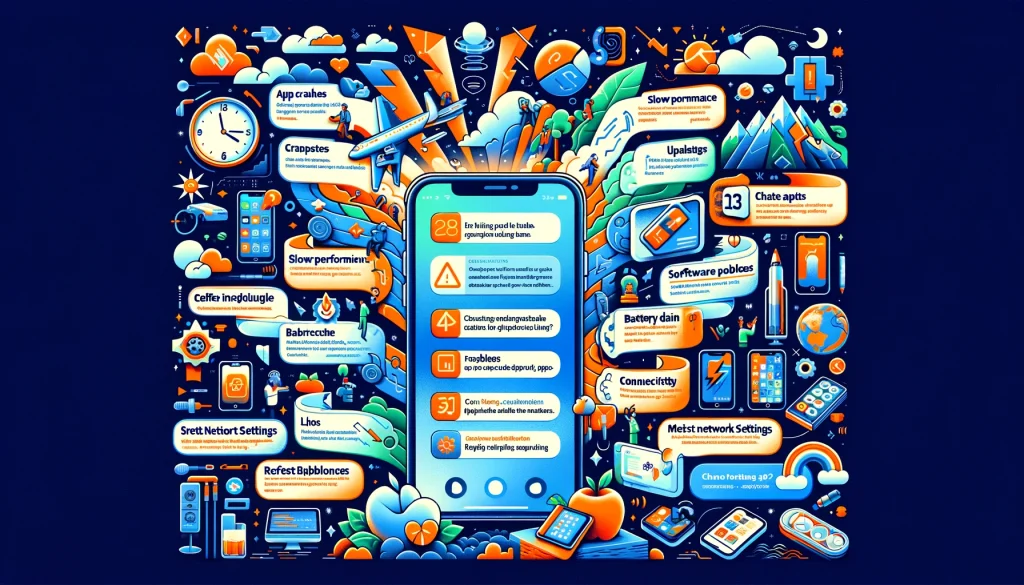 一般的なiPhoneソフトウェアの問題とその解決策を概説する魅力的なインフォグラフィック。アプリのクラッシュ、パフォーマンスの低下、バッテリーの急速な消耗、ソフトウェア更新の失敗、接続問題などの問題を強調し、各問題に対して、デバイスの再起動、アプリの更新、iOS更新の確認、ネットワーク設定のリセット、バッテリー使用量の監視などの簡潔な解決策を提供している。デザインはスリークでモダンであり、読みやすさと明瞭さに焦点を当てている。問題と解決策を視覚的に表すためにアイコンとイラストが使用されており、情報がアクセスしやすく理解しやすい。色使いは鮮やかで、問題と解決策を区別するために青、オレンジ、緑の色合いを取り入れており、視覚的に魅力的で情報豊富なガイドを作成している